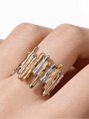 Stainless Steel Two-Tone Gold & Silver Sculpted Band Ring - Women Jewelry